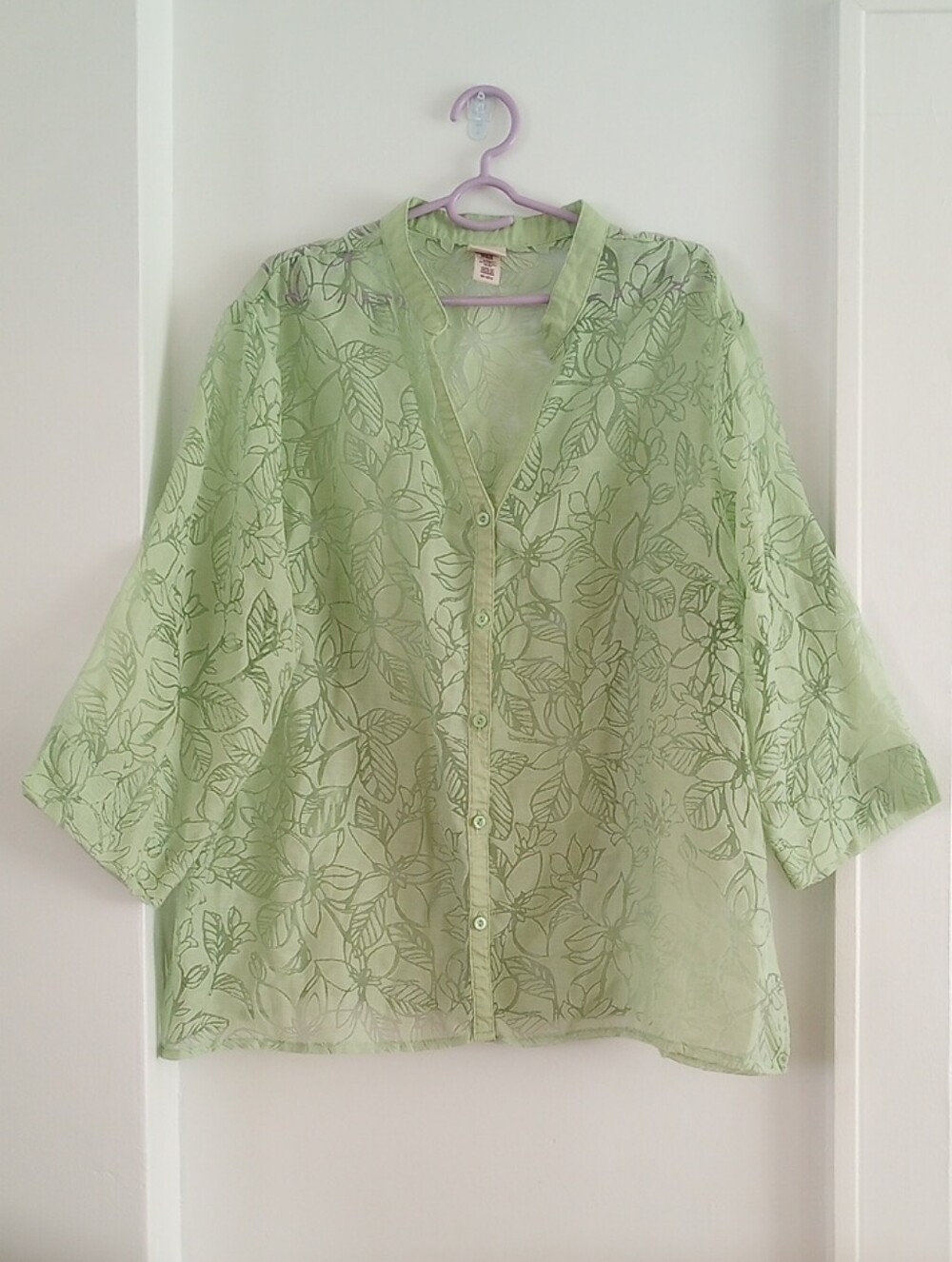 Covington Green Sheer Floral Summer Lagenlook Button-Front Blouse Size 20-22